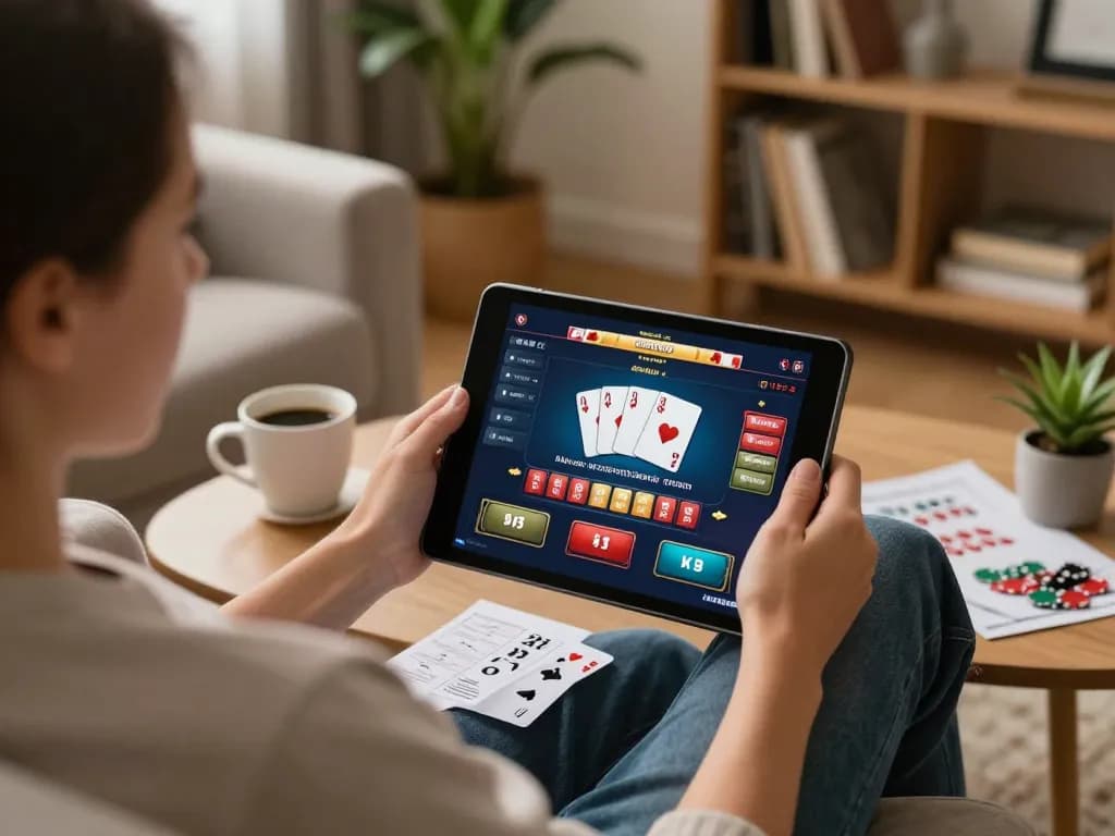 Engaging online poker session at home on trang chủ fly88 with a cozy atmosphere and strategy notes.