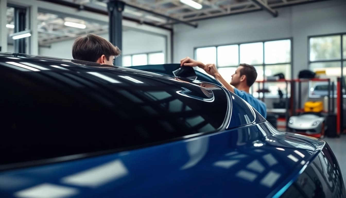 Professional application of a window tint gift card on a car window by a skilled technician.