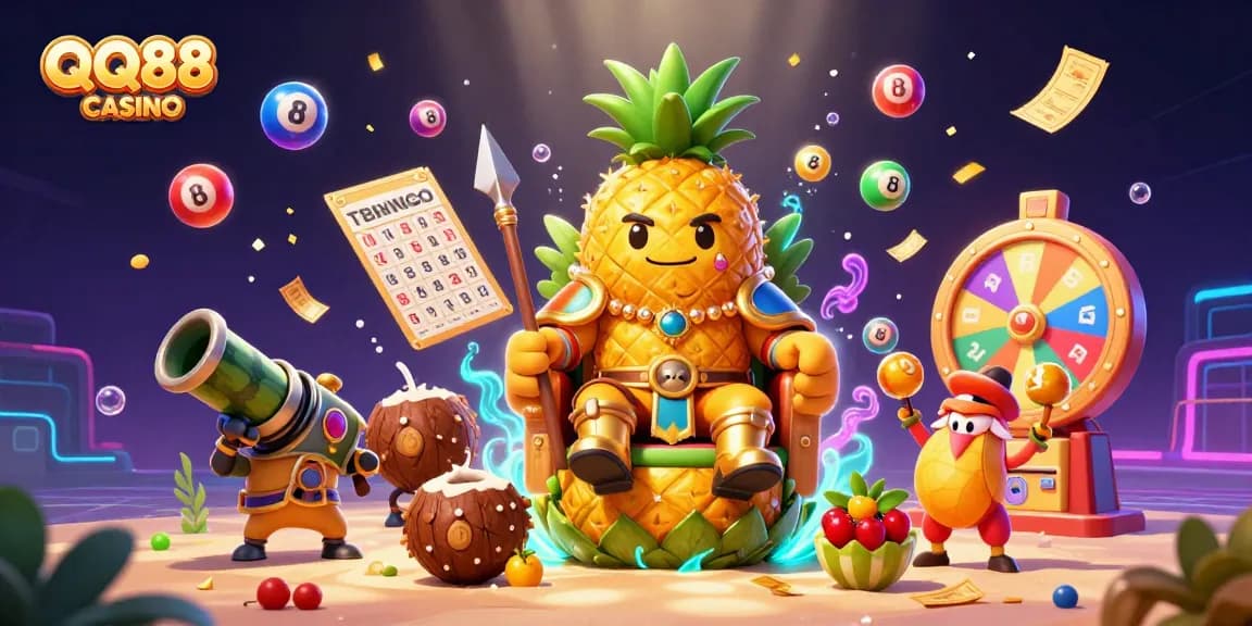 Engage with QQ88 CASINO for exciting lottery games amidst vibrant illustrations of fun-filled lottery elements.