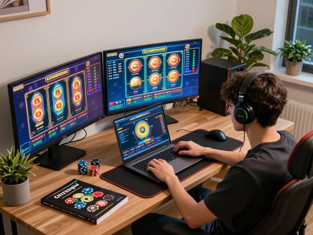 Engaging in gtatogel gameplay at a stylish online gaming setup with vibrant screen displays