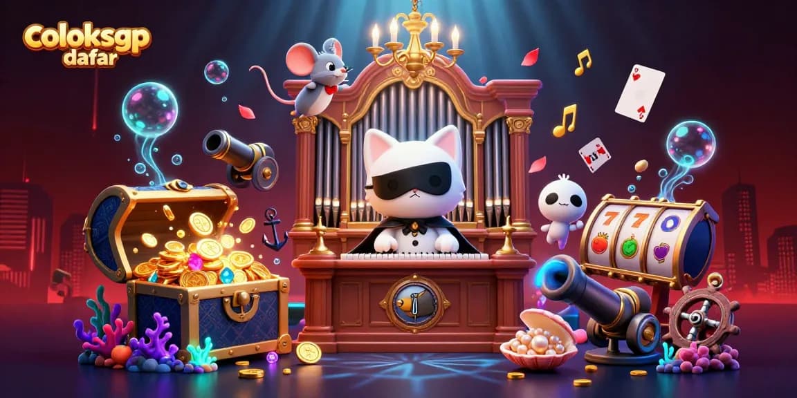 Engage with coloksgp daftar amidst vibrant casino action featuring a cartoon cat at an organ.
