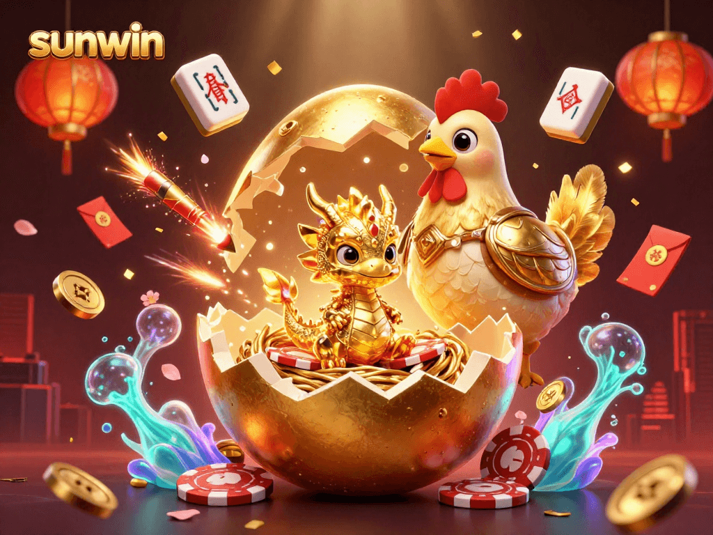 Experience the sunwin magic with a golden dragon and vibrant casino themes in this 3D illustration.