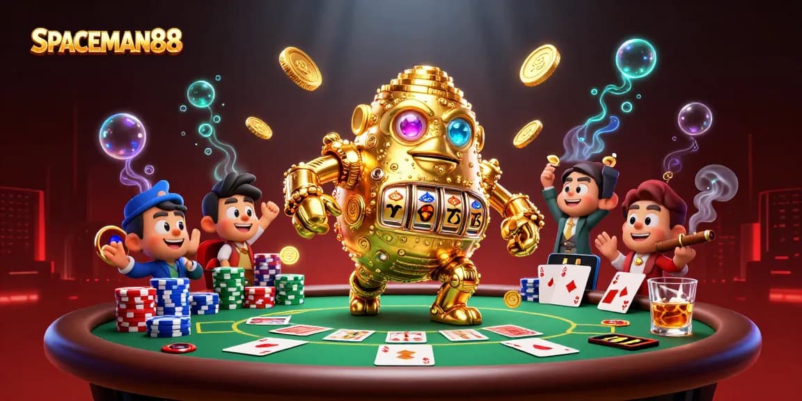 Experience SPACEMAN88 with a vibrant casino scene featuring a golden golem and dynamic game elements