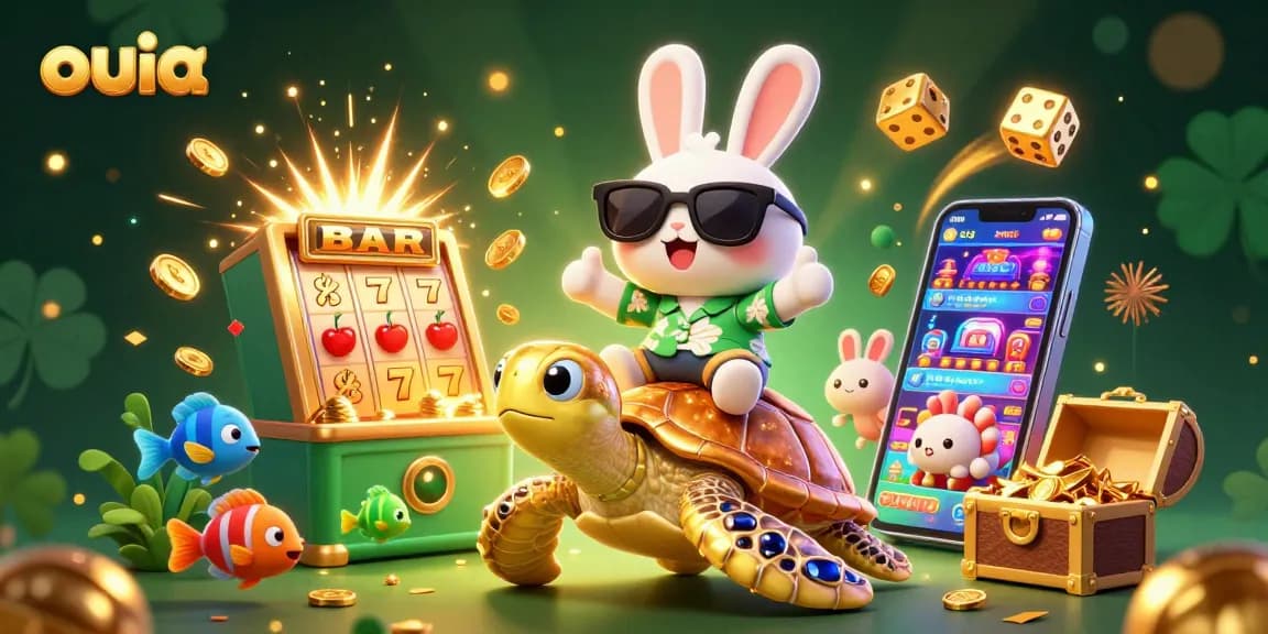 Engage with ouia's thrilling jackpot experience, featuring a lucky rabbit and golden turtle in a vibrant casino scene.