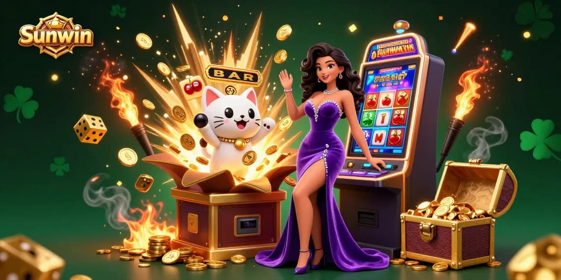 Experience big wins with Sunwin's dazzling slot machines and festive gameplay elements in this vibrant casino scene.