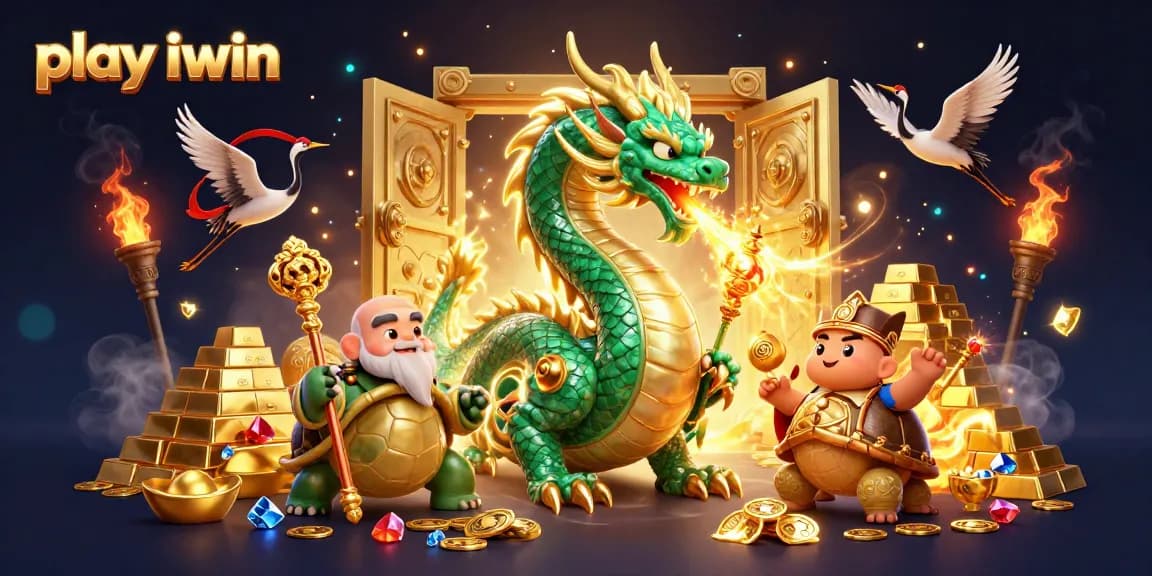 Play iwin in an exciting casino scene with a jade dragon and treasures erupting!
