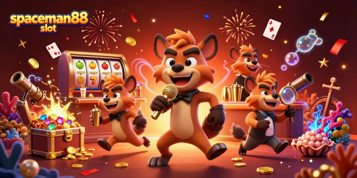Experience the fun of spaceman88 slot with animated hyenas enjoying a vibrant casino atmosphere.