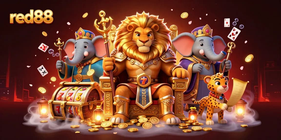 Engage with red88 gaming excellence, featuring a lion king, wise elephant, and swift cheetah amidst vibrant casino elements.