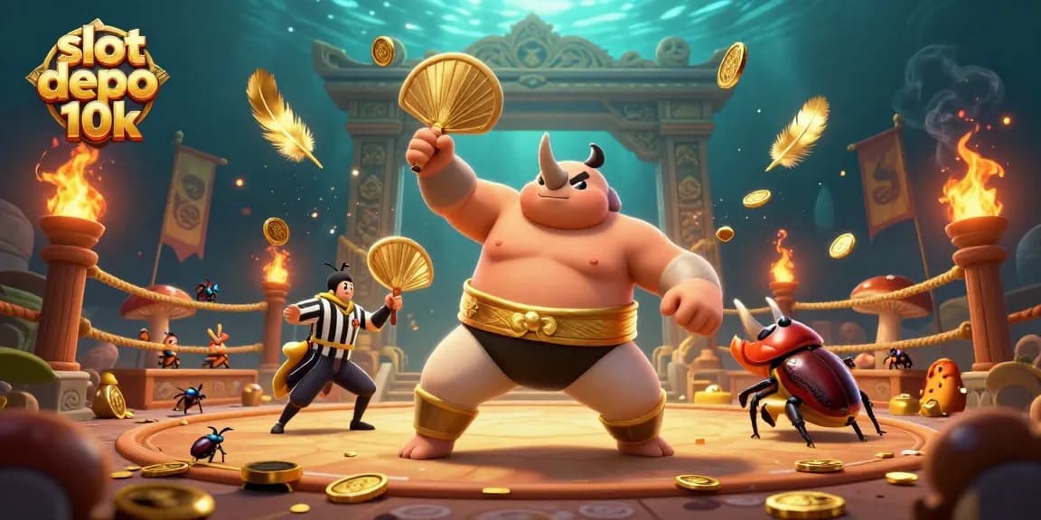 Menangkan jackpot dengan slot depo 10k: Ilustrasi menarik laga juara dengan koin emas terbang.