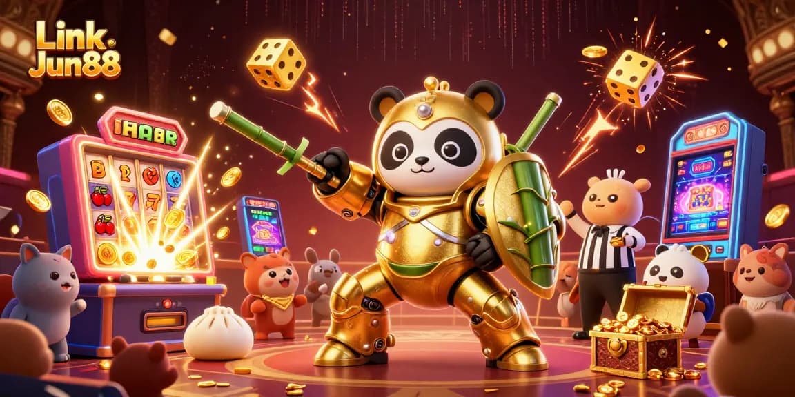 Experience thrilling gameplay at Link Jun88 with a golden panda robot and dynamic casino elements.