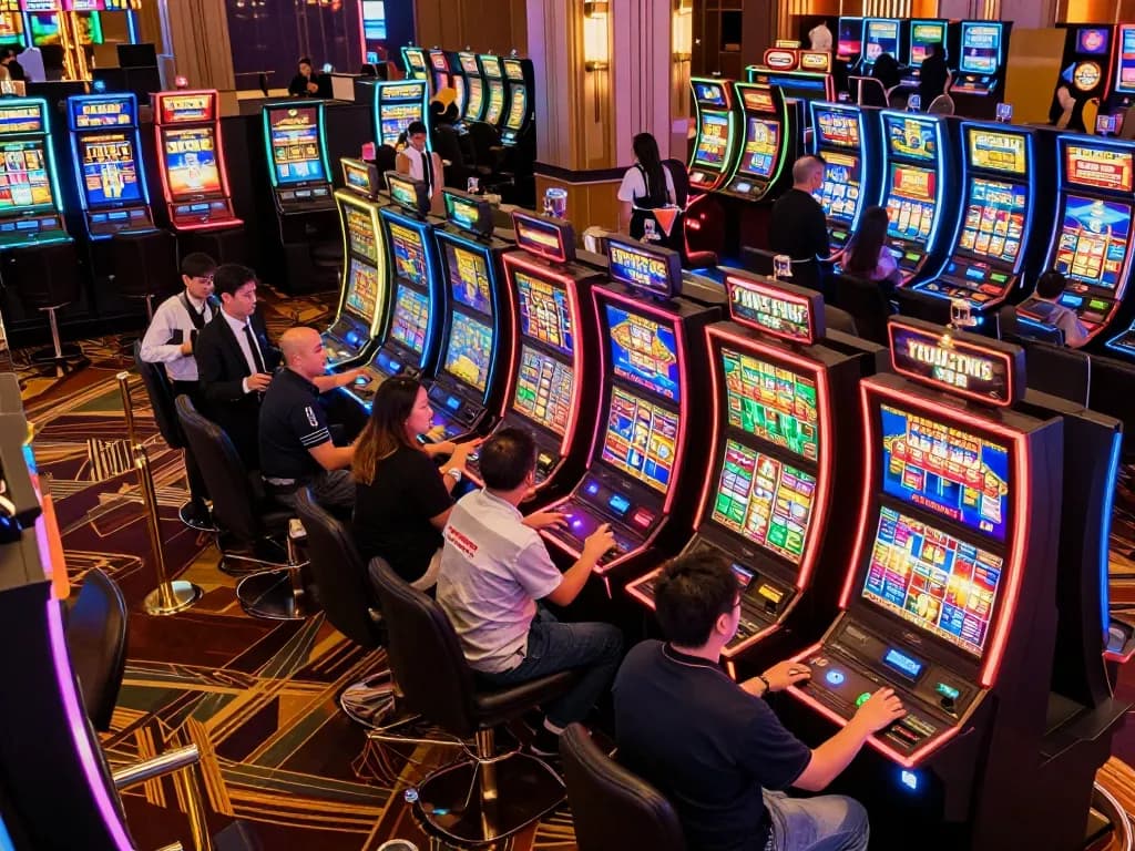 Players experiencing the thrill of slot gacor in a vibrant casino atmosphere with colorful machines.