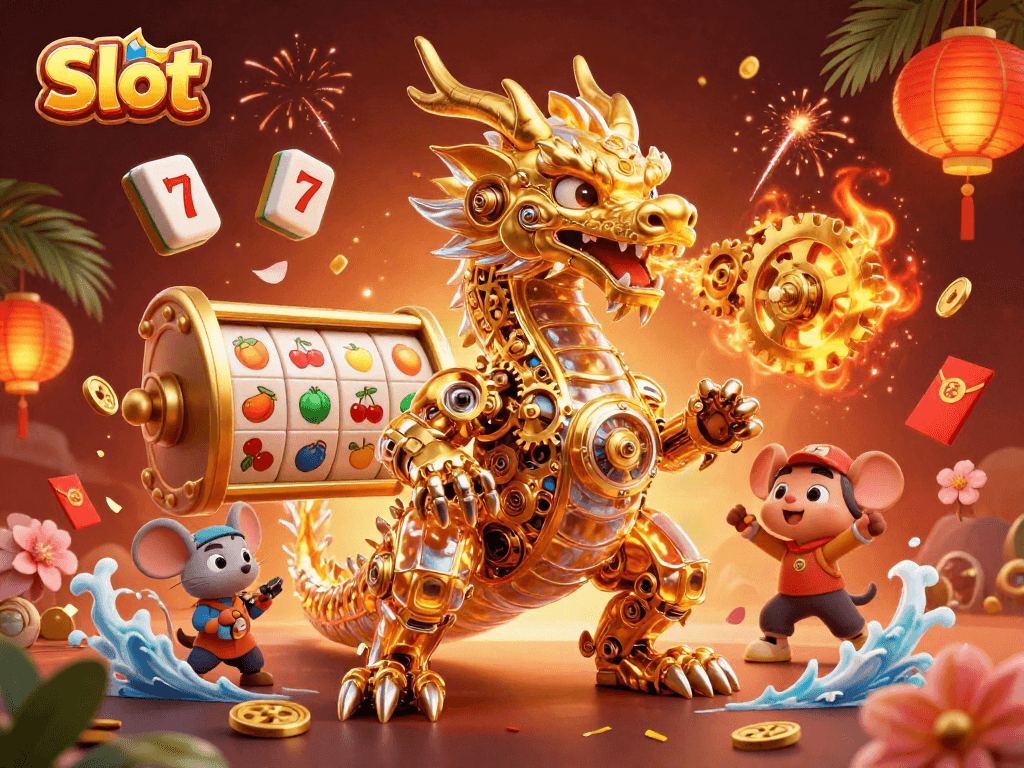 Engage in thrilling Slot action with the golden dragon surrounded by vibrant game elements.