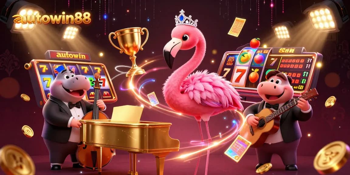 Engage with autowin88's vibrant casino experience, showcasing a flamingo singer and a hippo bassist in a dynamic gaming scene.