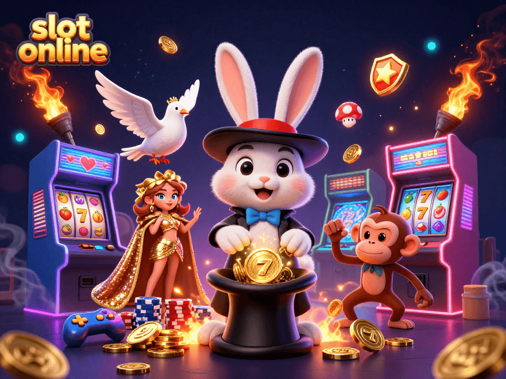 Engage with slot online games featuring a 3D magician rabbit, golden coins, and vibrant casino elements.