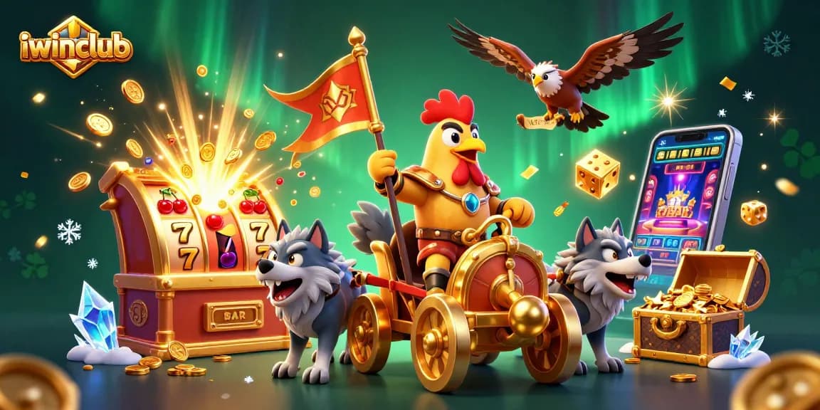 Experience excitement at iwinclub with a dynamic 3D scene featuring a golden chariot and jackpot symbols.