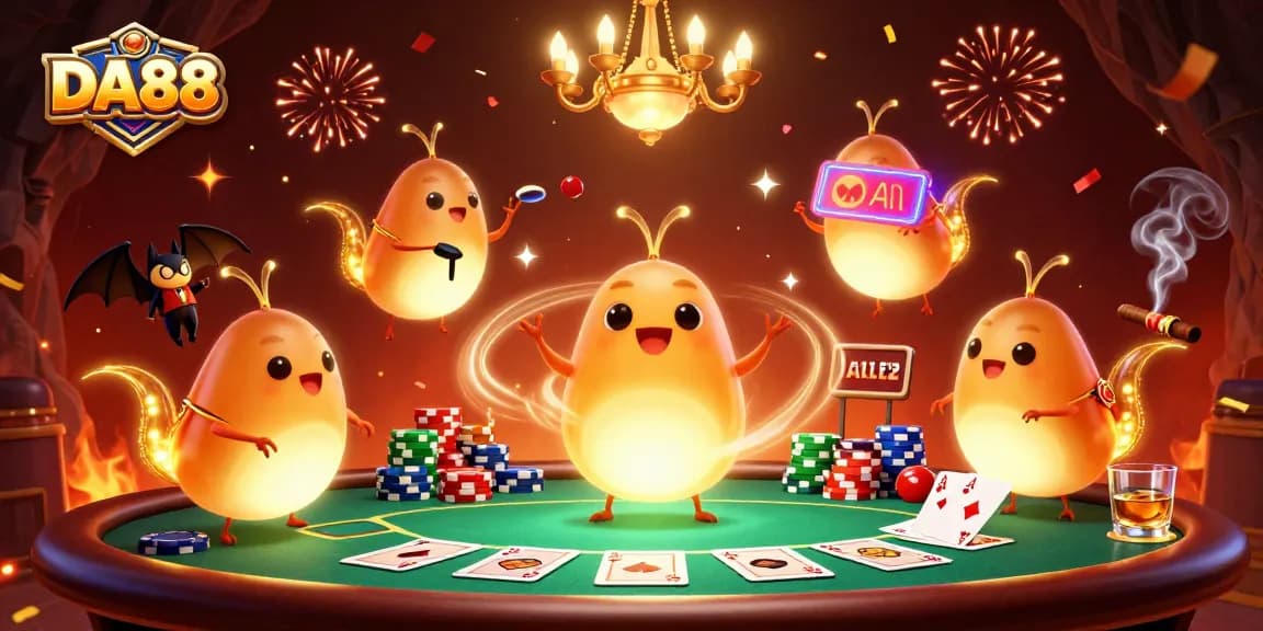 House poker game in DA88 themed cave casino with glowworm lights and vibrant chips.