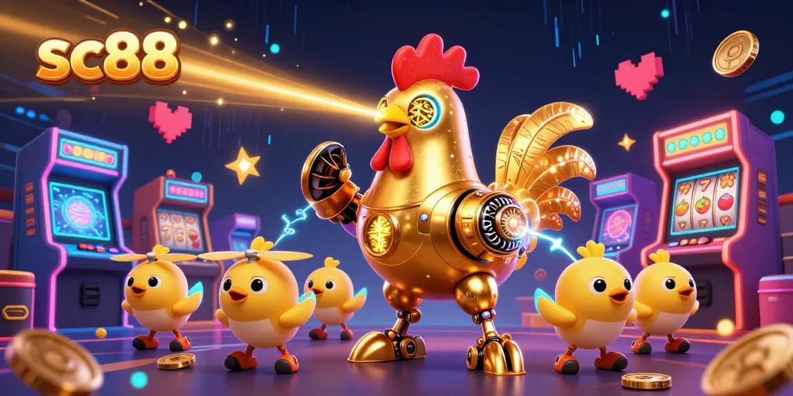 Engage with sc88's dynamic casino experience featuring a golden rooster robot and exciting game elements.