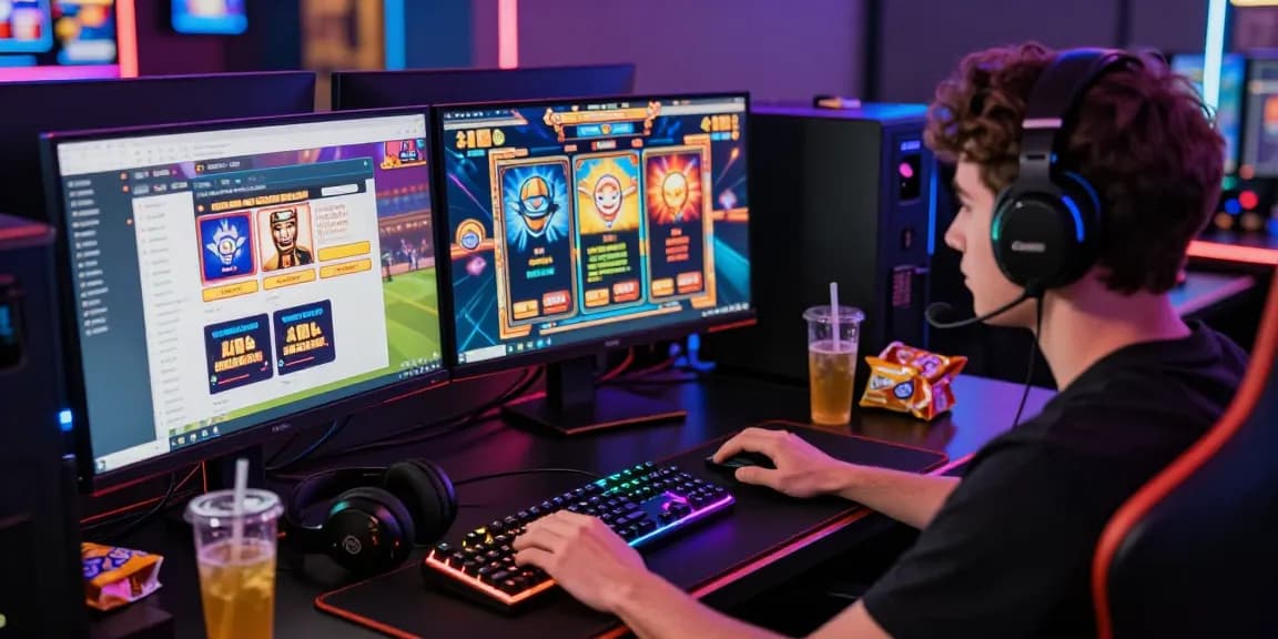 Engaging slot depo 1k gaming scene featuring a player at a dual-monitor setup, showcasing dynamic slot game graphics and colorful peripherals.
