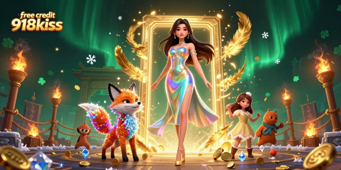 Spin and win with free credit 918kiss in a vibrant, dynamic casino scene featuring colorful characters.