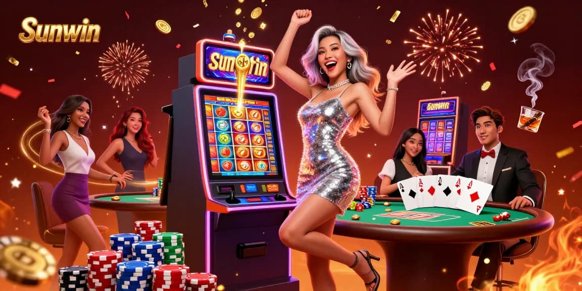 Celebrate wins at Sunwin with an exciting scene of casino action featuring vibrant slot machines and poker elements.