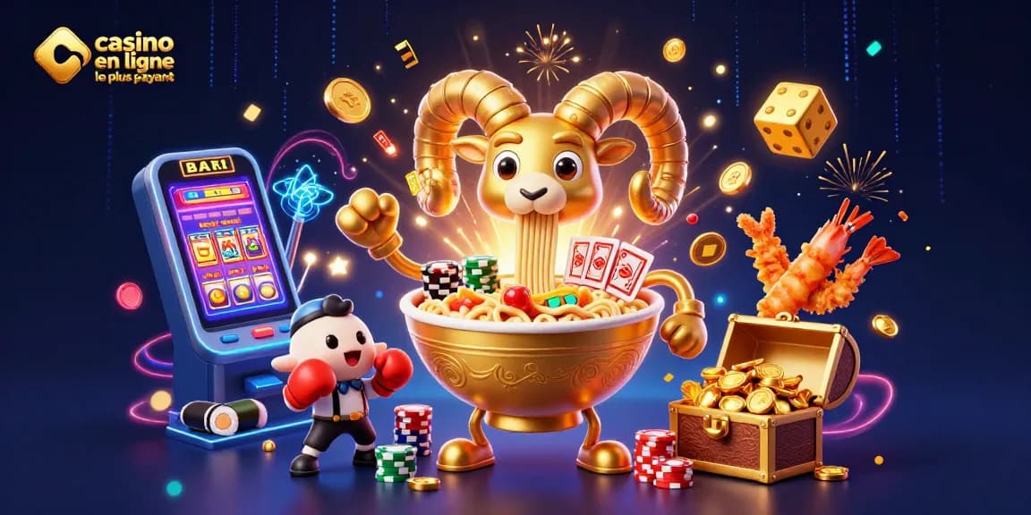 Célébrez le casino en ligne le plus payant avec une illustration vibrante d'un bol de ramen et des personnages dynamiques jouant aux cartes.