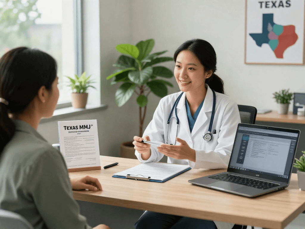 Healthcare professional advising a patient on Texas MMJ card benefits in a welcoming clinic.