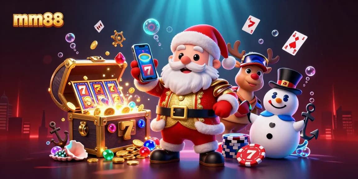 Spin the reels at mm88 with Santa, his reindeer, and a poker chip snowman in a vibrant casino scene.