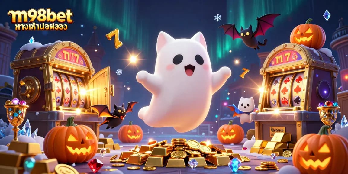 Experience the thrill of gaming with m98bet ทางเข้ามือถือ in a vibrant haunted casino scene.