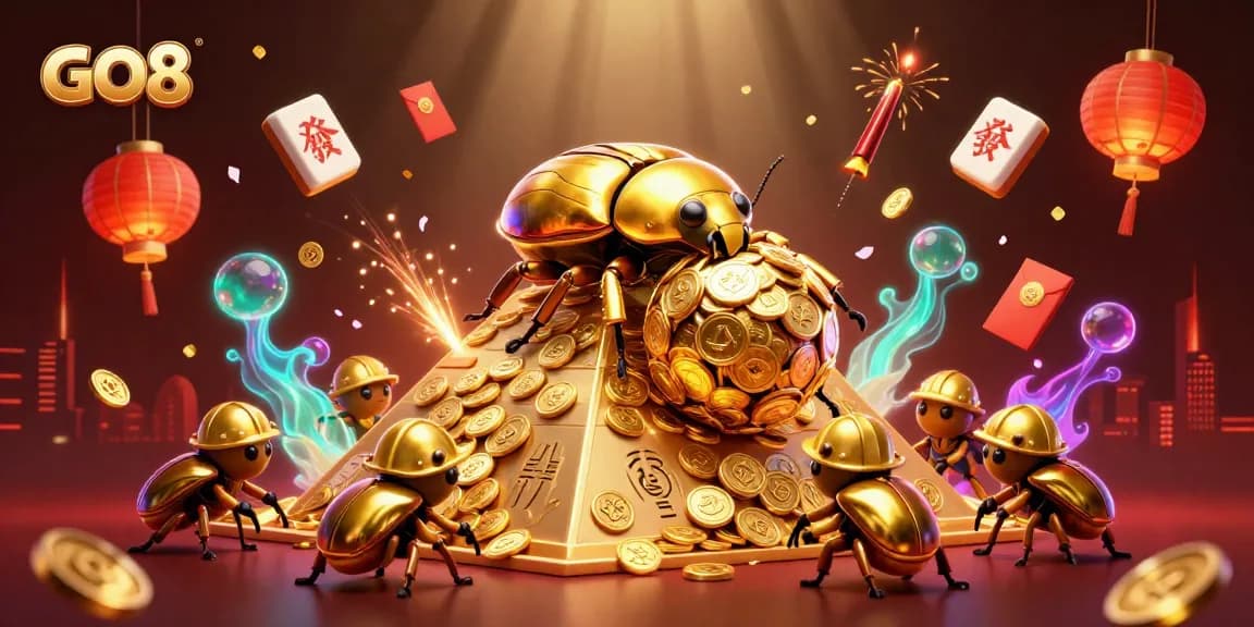 Experience the GO8 excitement with golden coins and animated characters in a vibrant casino scene.
