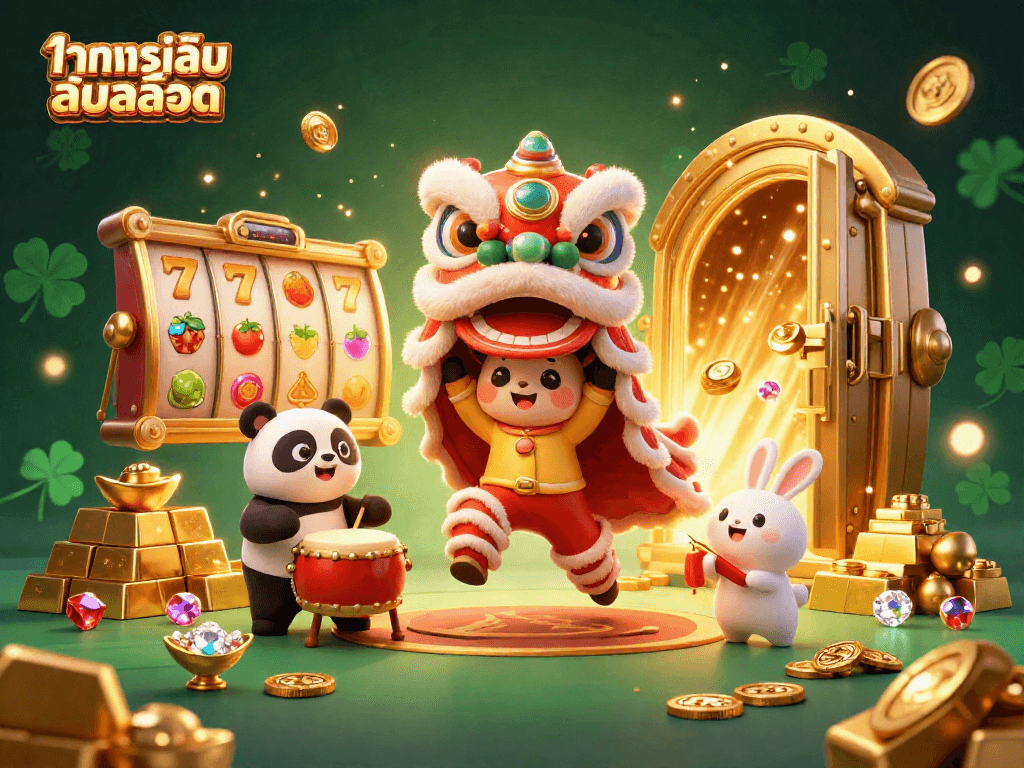 Engage in ทดลองเล่นสล็อต with vibrant characters amidst slot reels and golden treasures in an exciting 3D illustration.