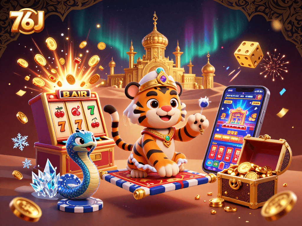 Viva a emoção do cassino com 76J: tigre sultão em um tapete voador entre jackpots.