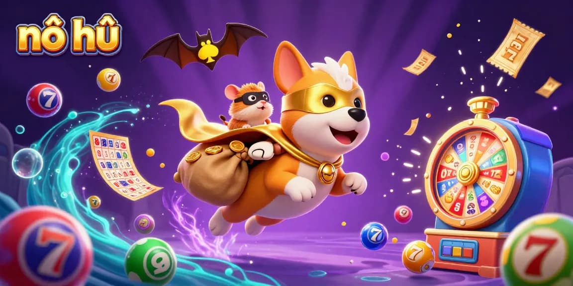 Experience the excitement of nổ hũ with a superhero dog flying through riches, showcasing dynamic casino elements.