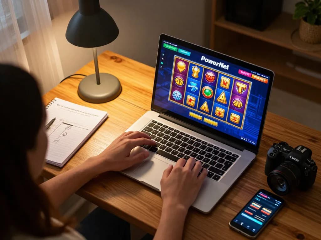 Player engaging in PowerNet slot games on laptop at home, showcasing strategic notes and cozy atmosphere.