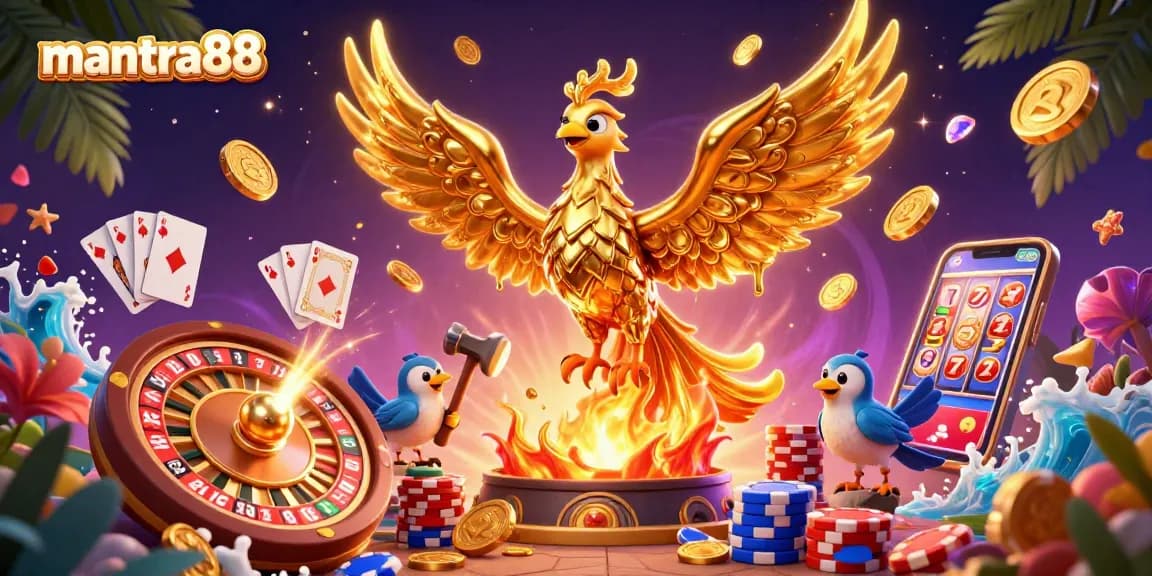 Experience the excitement of mantra88 with golden phoenix and casino elements in 3D illustration.