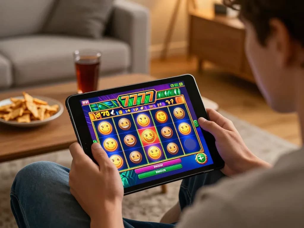 Engaging player enjoying slot777 online on a tablet, showcasing vibrant game graphics.