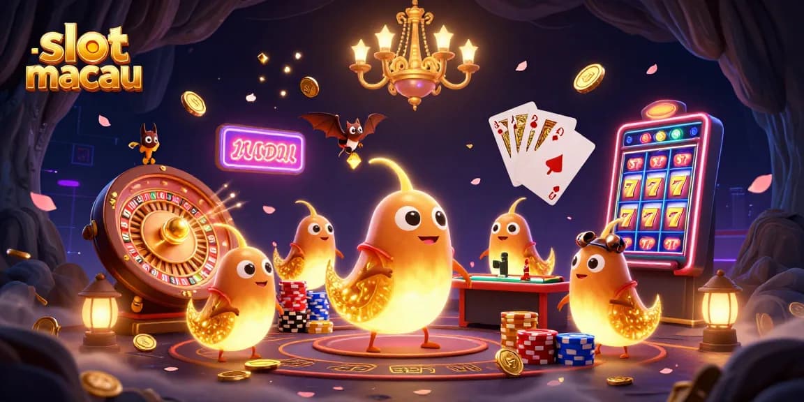 Experience the excitement of slot macau with vibrant characters, golden coins, and a bat dealer in an illuminated cave casino.