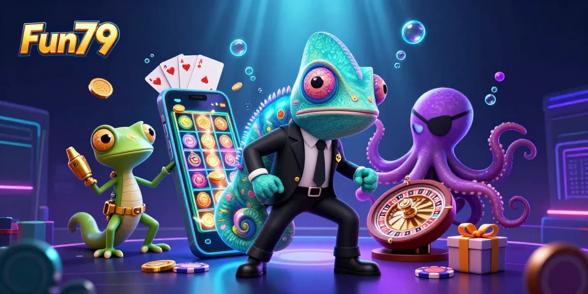 Experience thrilling gameplay with Fun79's vibrant 3D casino illustration featuring slot games and energetic characters.