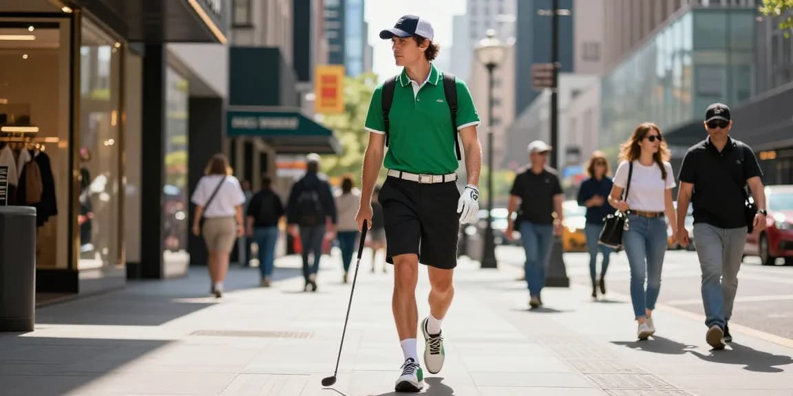 Stylish individual in 골프웨어 레플리카 confidently walking through a vibrant city street, showcasing modern golf fashion.