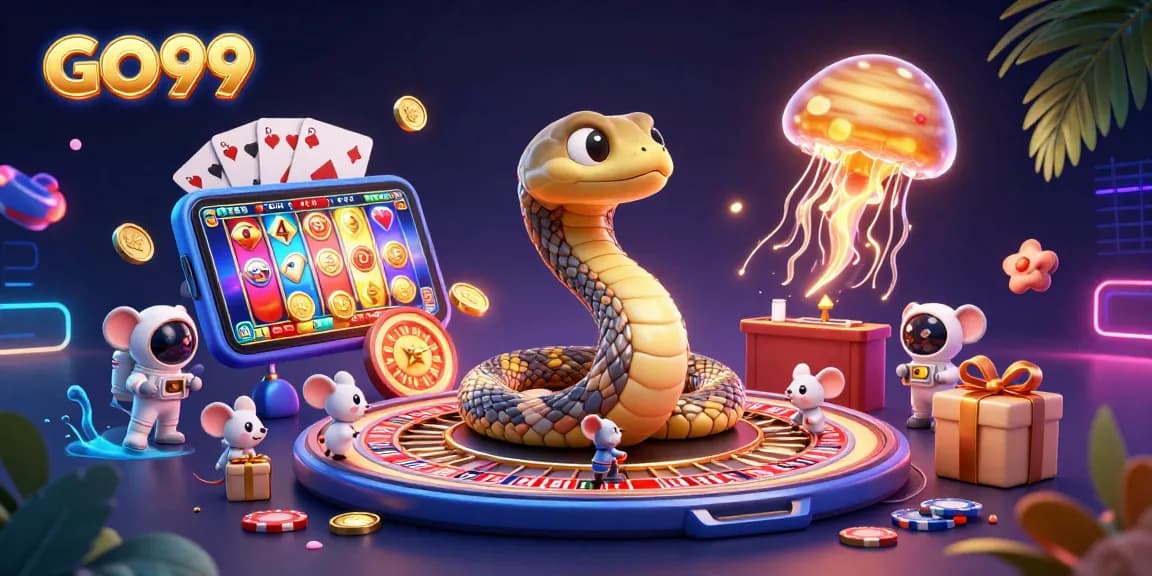Experience GO99's vibrant gaming universe with snake roulette, astronaut mice betting, and cosmic dealer jellyfish.