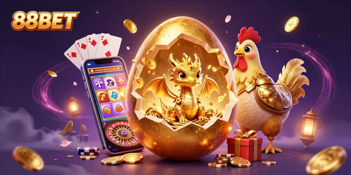 Engage thrillingly with 88BET's dynamic casino scene depicting a golden dragon, poker chips, and vibrant game elements.