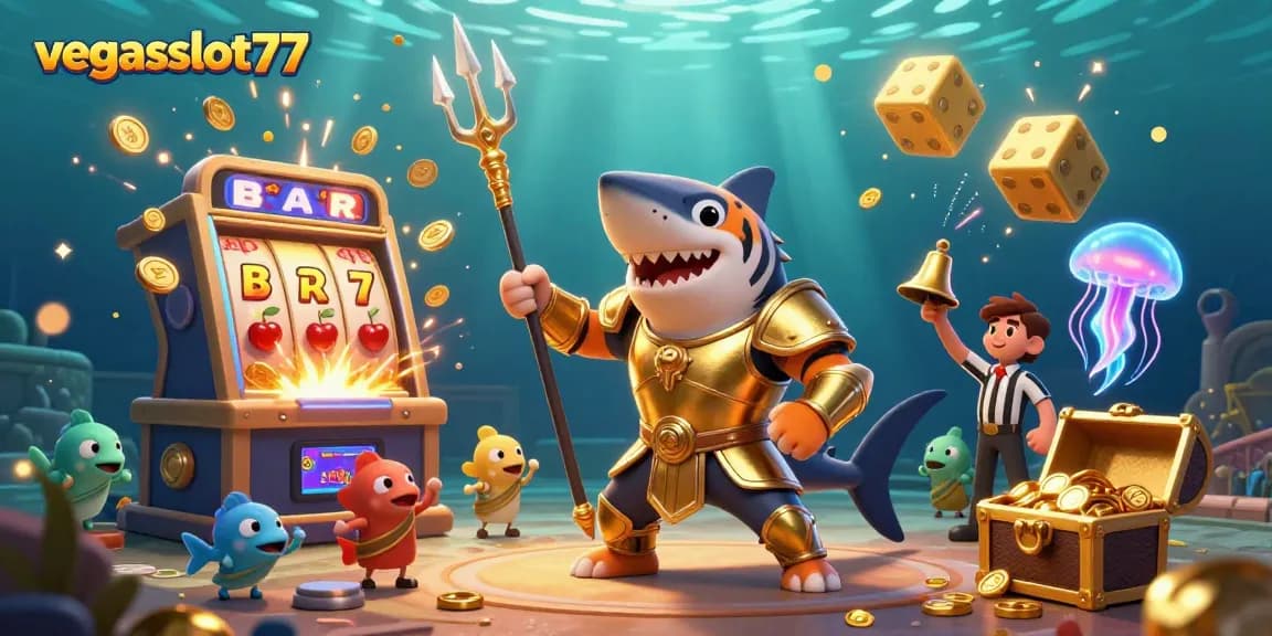 Witness the thrilling action of vegasslot77 as a fierce golden gladiator shark battles for jackpot glory amidst a vibrant underwater casino.