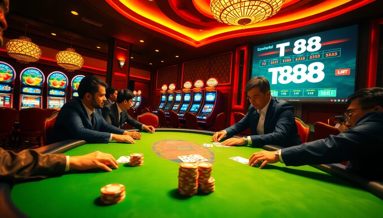 Engage at the vibrant poker table with TV88, showcasing excitement and strategy in a luxurious casino setting.
