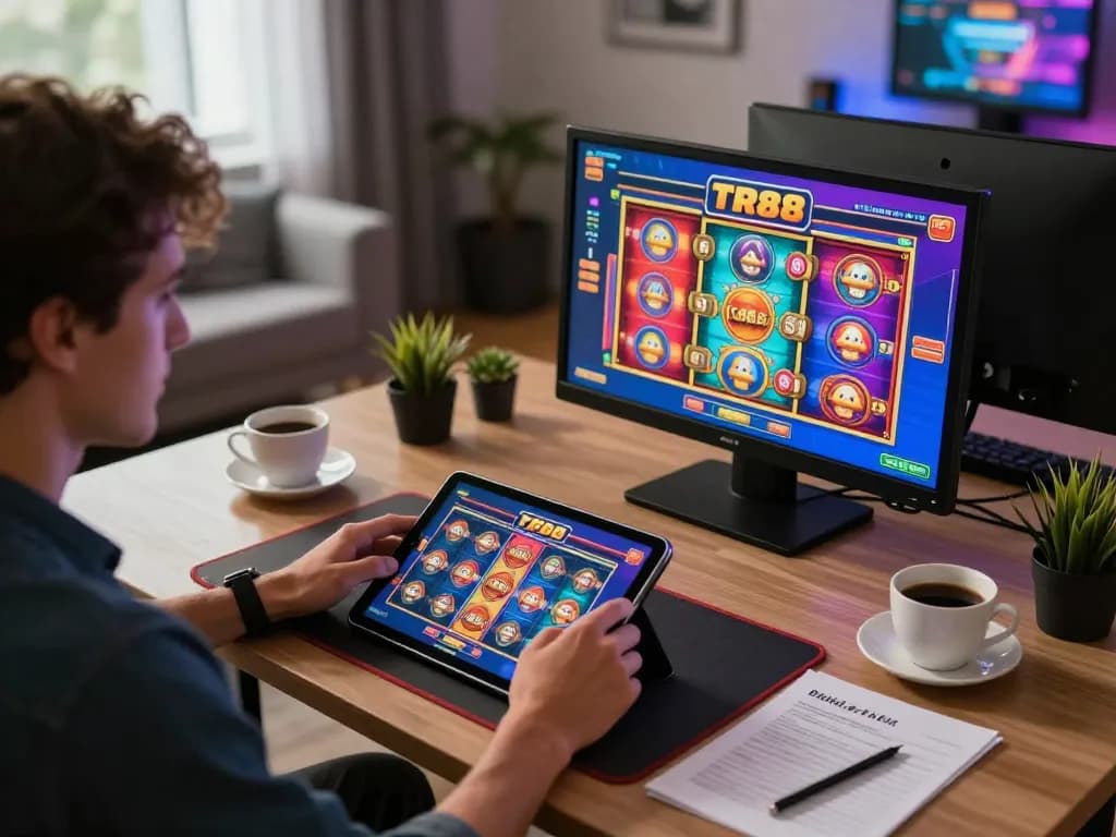 Player enjoying TR88 online slots on tablet in cozy home setting, showcasing vibrant gaming atmosphere