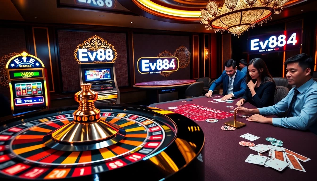 Experience the thrill of Ev88 4 with players at a vibrant casino table, enjoying poker and roulette.