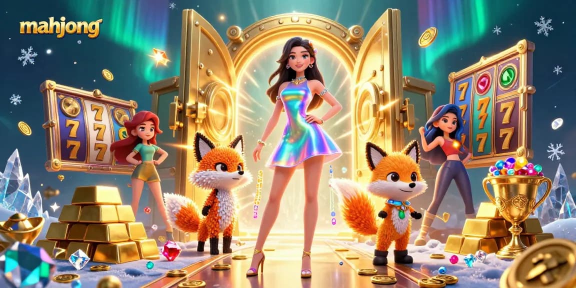 Experience mahjong adventure with slots and treasure in this vibrant 3D illustration.