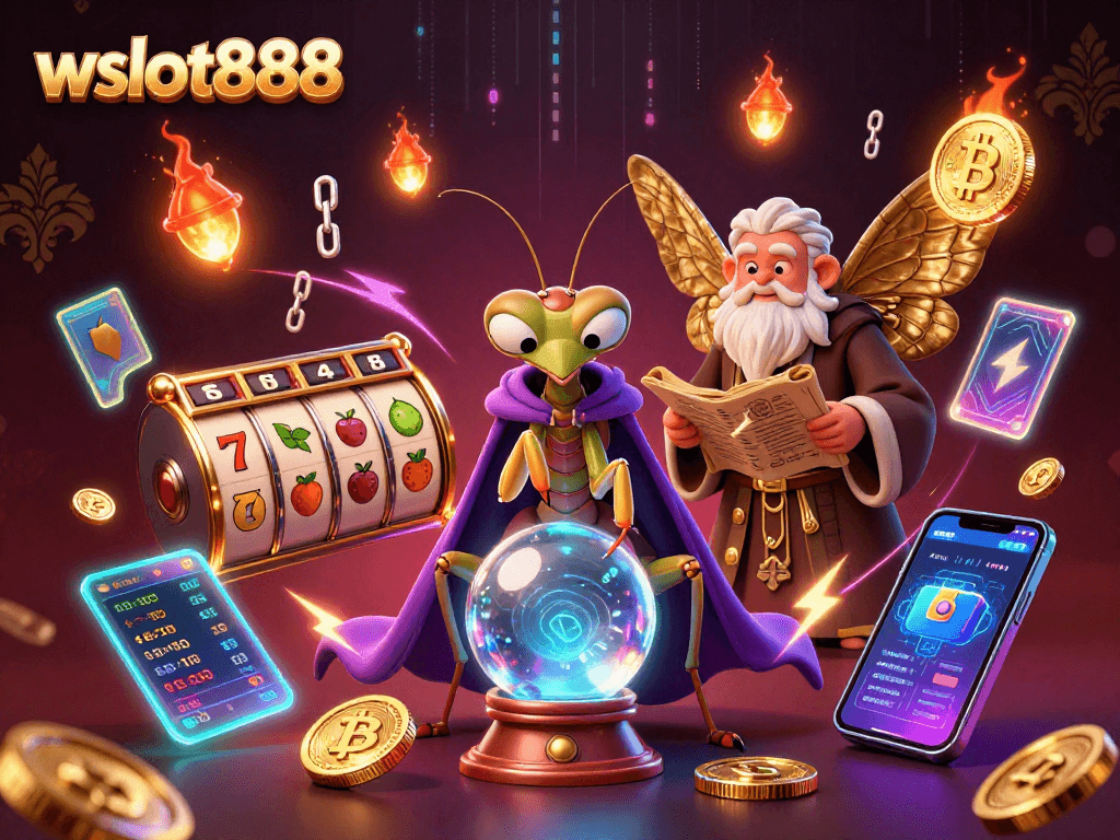 Mainkan wslot888 dengan gaya. Ilustrasi menggambarkan permainan slot menarik dengan elemen pemenang.