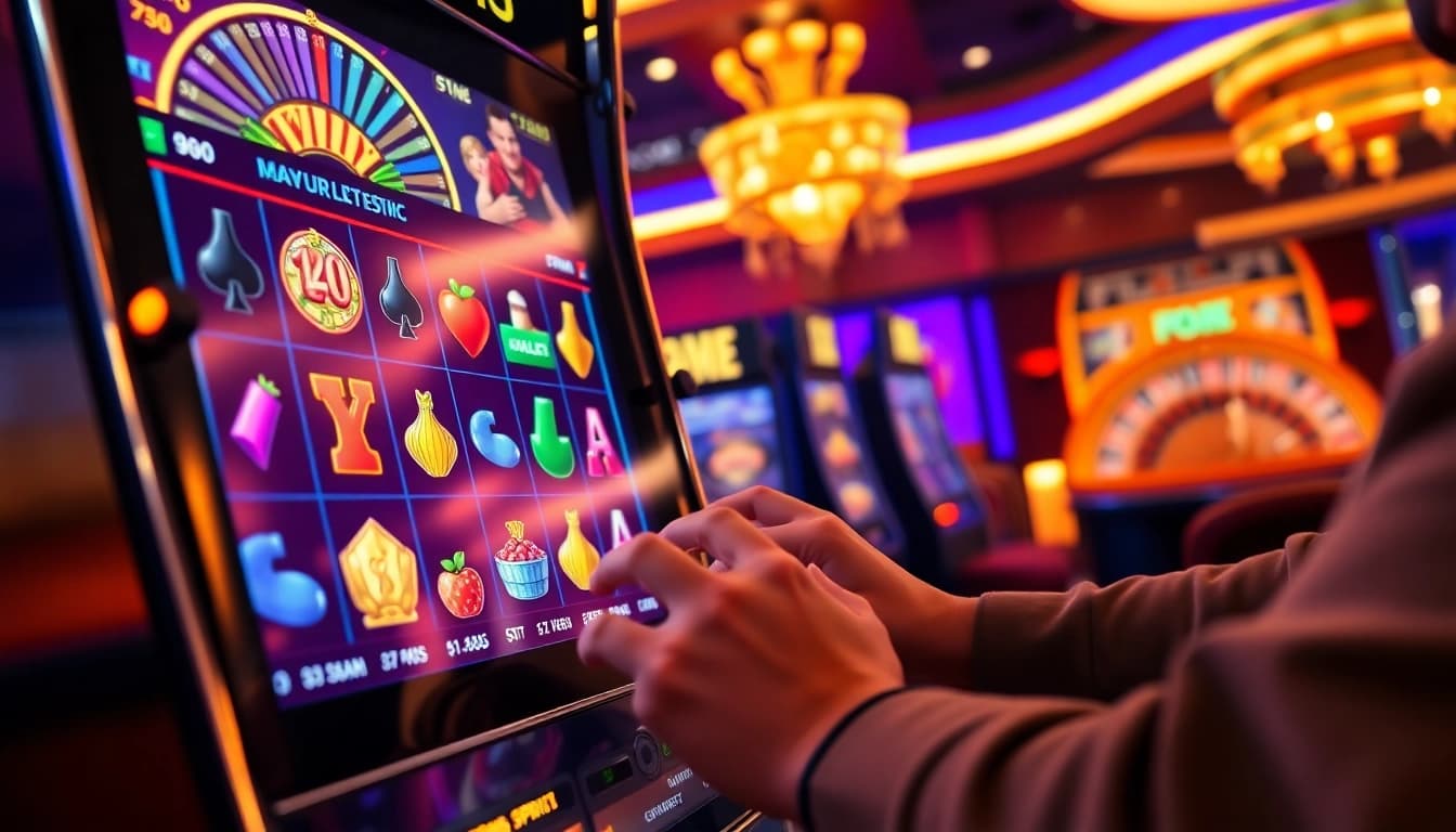 Players enjoying a PG slot demo on a sleek casino machine, showcasing vibrant colors and thrilling graphics.