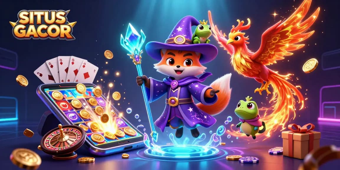 SITUS GACOR showcases an enchanting casino scene with a wizard fox, a phoenix, and vibrant game elements for an immersive experience.