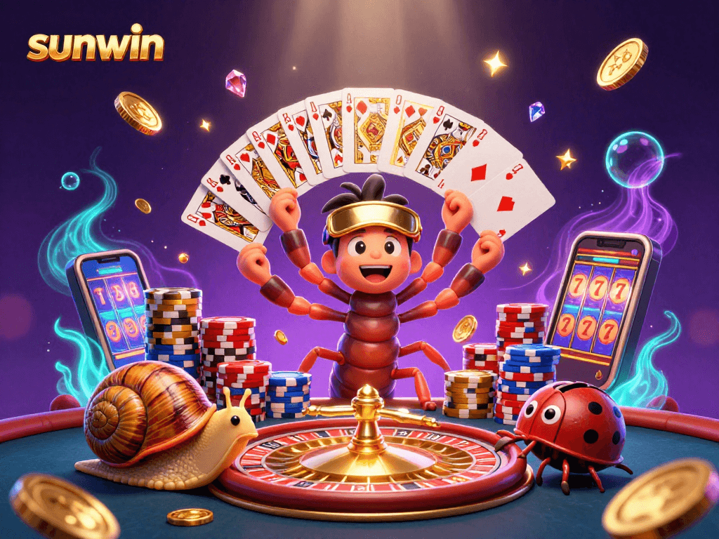 Experience thrilling wins at sunwin with a vibrant casino scene featuring a millipede dealer and dazzling game elements.