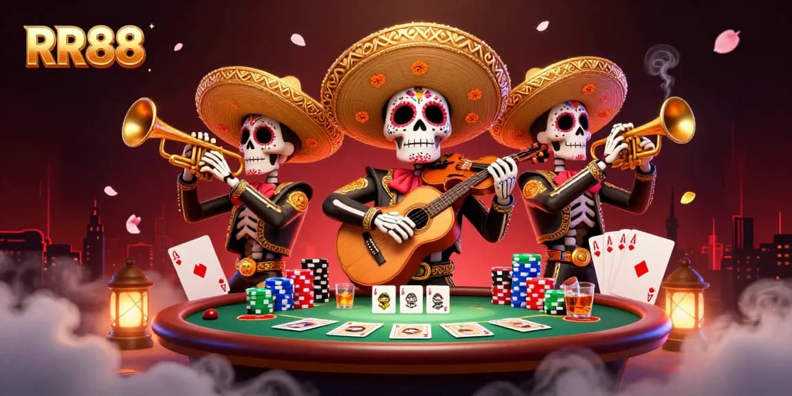 Experience the vibrant world of RR88 with a lively mariachi band amidst poker excitement and rich casino elements.